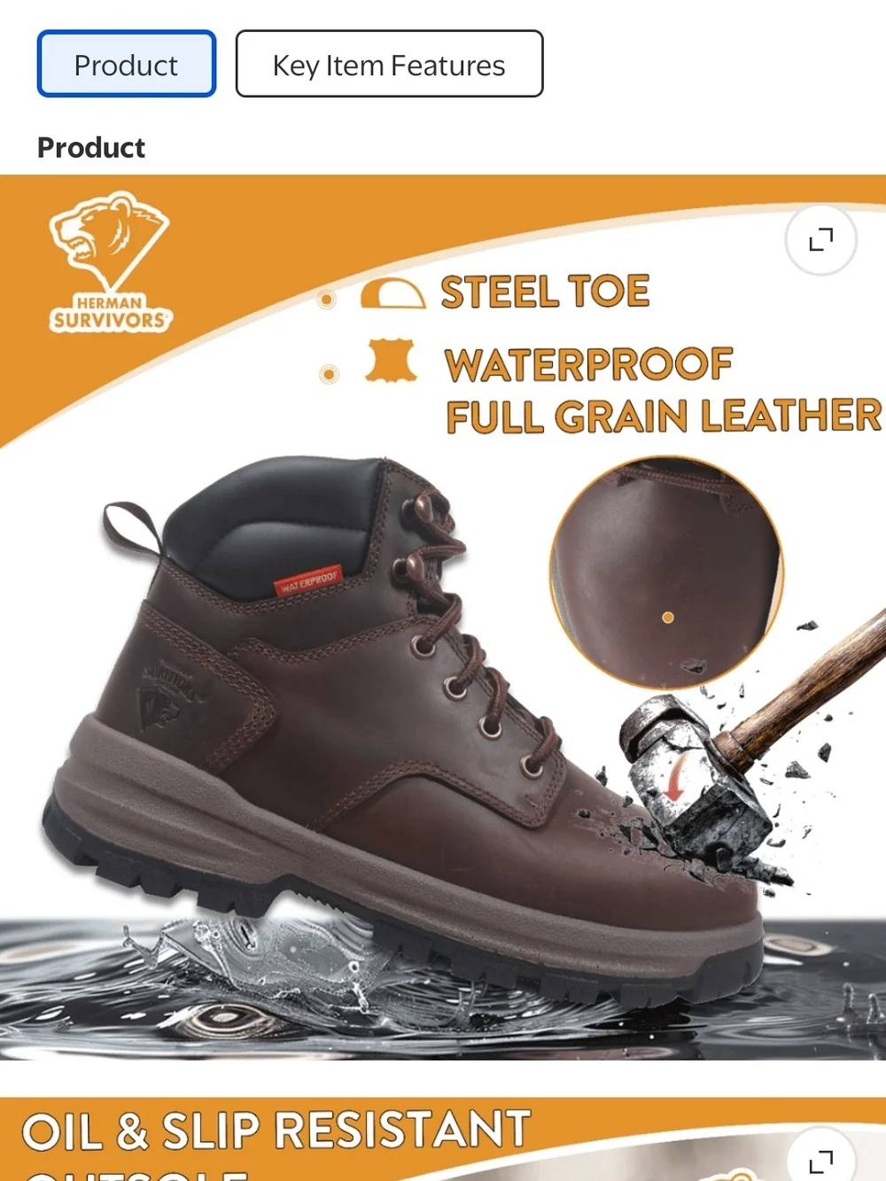 Womens' Herman Servivors Brown Waterproof Steel Toe Work Boots Size 8 NWT